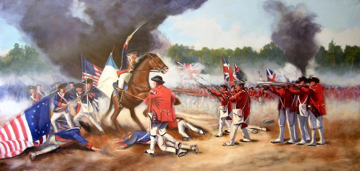 Mural painting by Claude Buckley- Baron DeKalb's Last Charge during the Battle of Camden, 10 x 45 feet, acrylic on polyester canvas, Rotunda Robert Mills Courthouse, Camden, SC