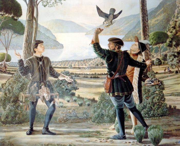 Mural by Claude Buckley at the Finc El Santo depicting three falconeers in XVl century huntting garb