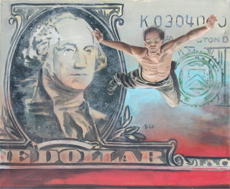 pop art currency painting by Claude Buckley- Iccarus, oil on canvas, private collection, New York, New york